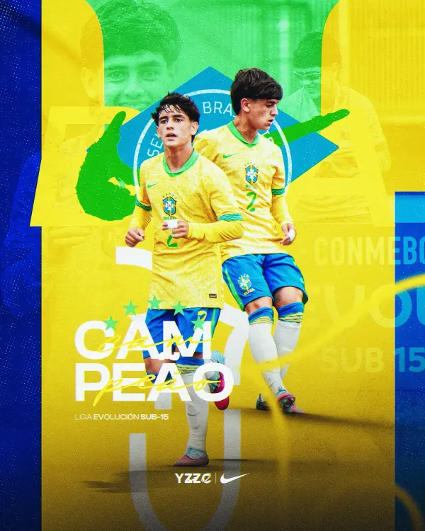 Arte "Campeão" com dois atletas da Seleção comemorando.