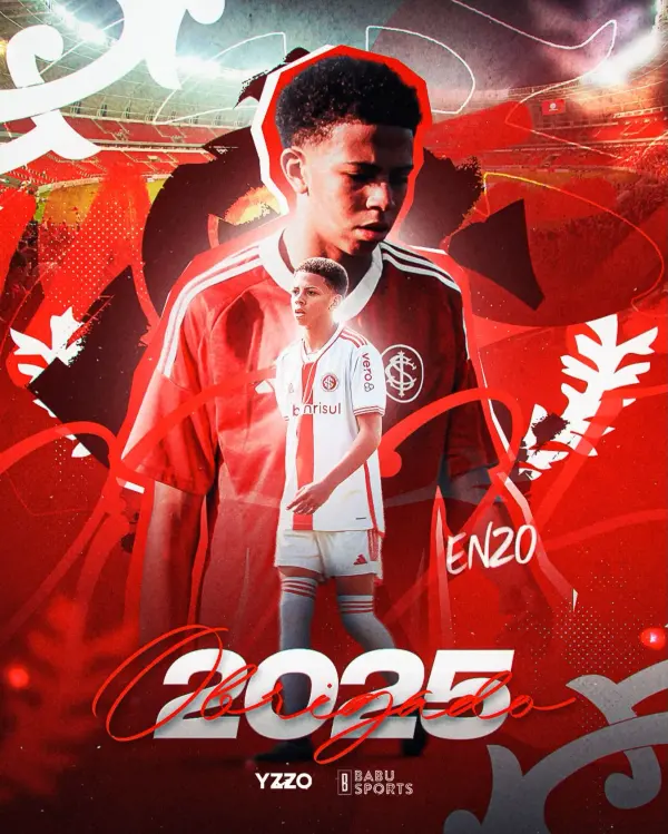 Arte de temporada de um atleta do Internacional, em vermelho.