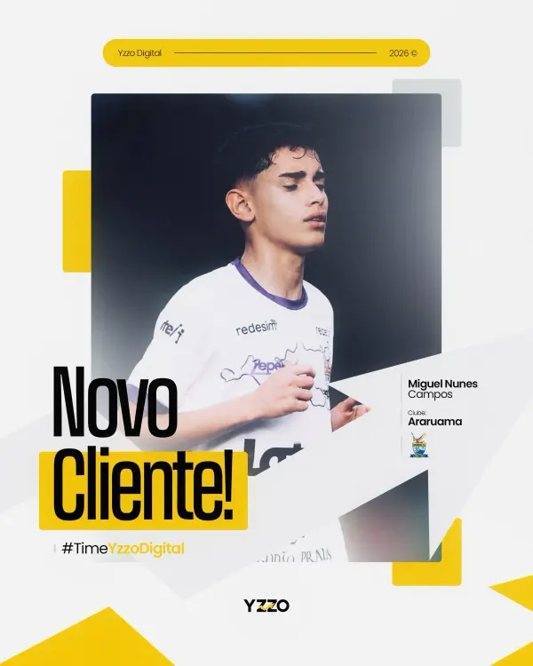 Post "Novo Cliente!" de um atleta com a camisa branca do clube.