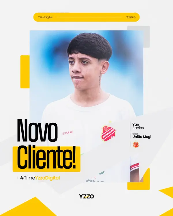 Post "Novo Cliente!" de um atleta com a camisa branca e vermelha.