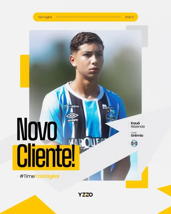 Post "Novo Cliente!" de um atleta com a camisa tricolor do Grêmio.